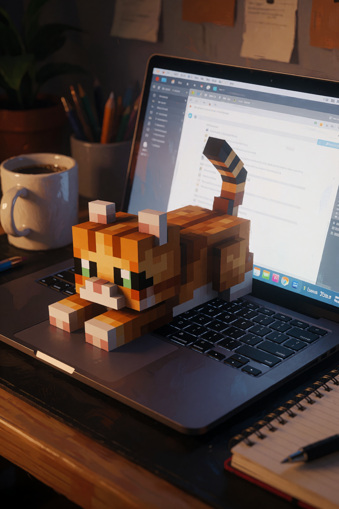 暖かな光の作業部屋でノートPCに座るドット絵の猫